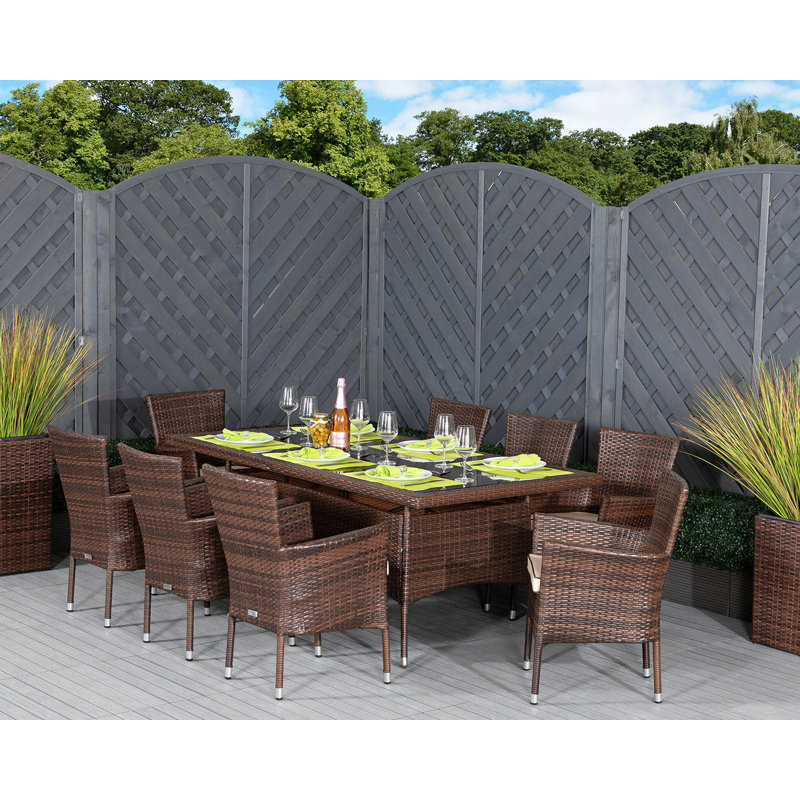 Copenhaver 8 - Person Patio Dining Set with Rectangular Table , Cushions Included, Chocolate/Cream