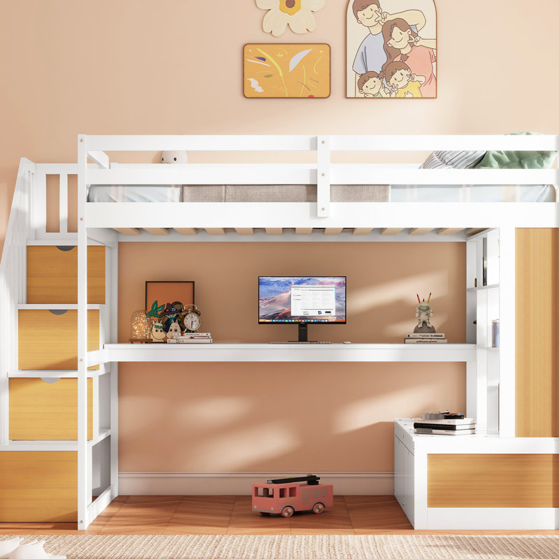 Lit mezzanine double blanc et naturel avec bureau, tablette, tablettes de rangement efficaces, tiroirs - Style luxueux