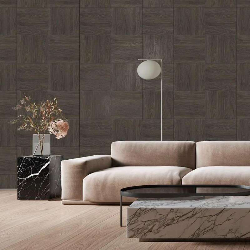 Lutvo Brown Dark Oak Wood Block Panel Wallpaper 10m x 53cm Textured Matte Roll
