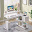 Bureau en L de 55 pouces, bureau d'écriture blanc et blanc avec rehausse de moniteur, tiroirs et tablettes de rangement en forme de L-1715570149
