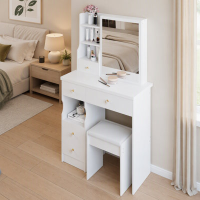 Table de coiffeuse compacte 29,2 pouces avec tiroir gauche, tabouret rembourré et très grand miroir coulissant pour les petits espaces