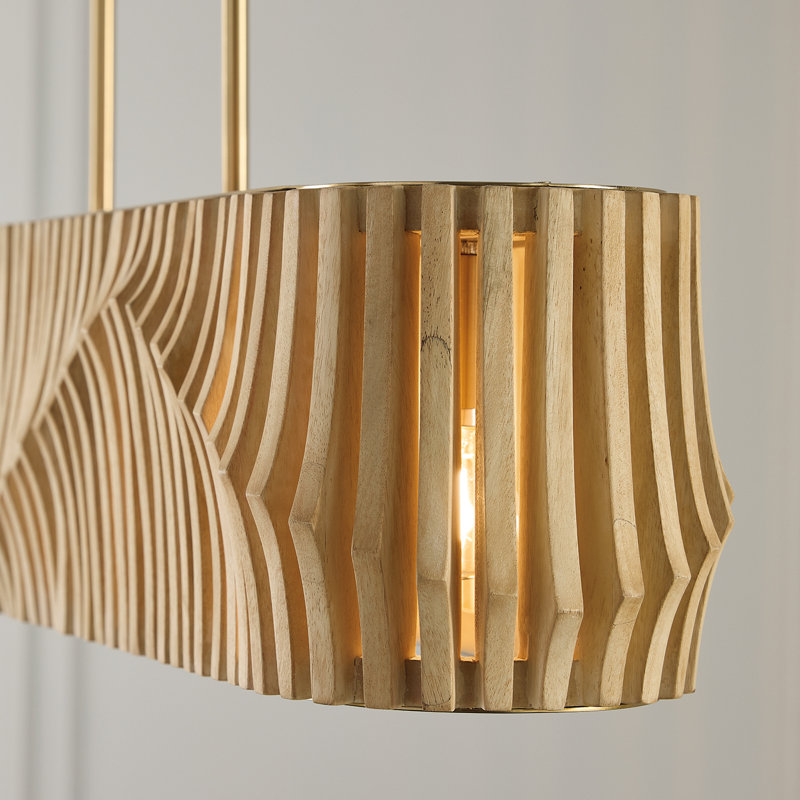 41" W x 7.5" H 6-Light Linear Chandelier in Matte Brass and Handcrafted Blonde Mango Wood