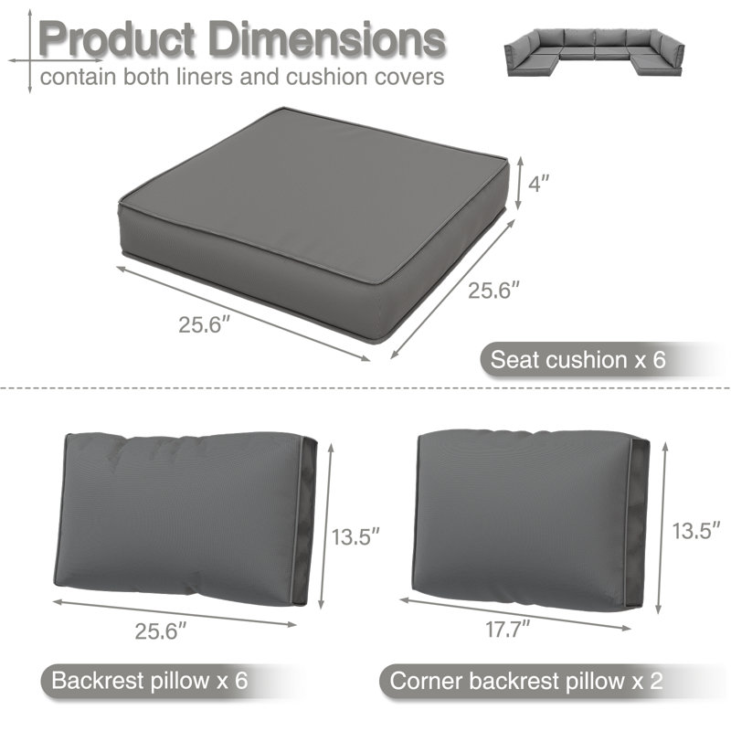 Outdoor 3.5" Thick Replacement Cushion Set – 6 Seat Cushions, 6 Back Cushions & 2 Corner Cushions, Grey
