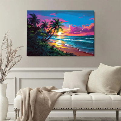 Framed Wall Art For Living Room Modern Canvas Art Wall Decor Print Painting Prints Pictures Tropical Beach, Sunset Palm Trees, Dreamy Impressionist Wall Art Picture For Bedroom Hotel Home Wall Decor, 2D Flat, Ready to Hang