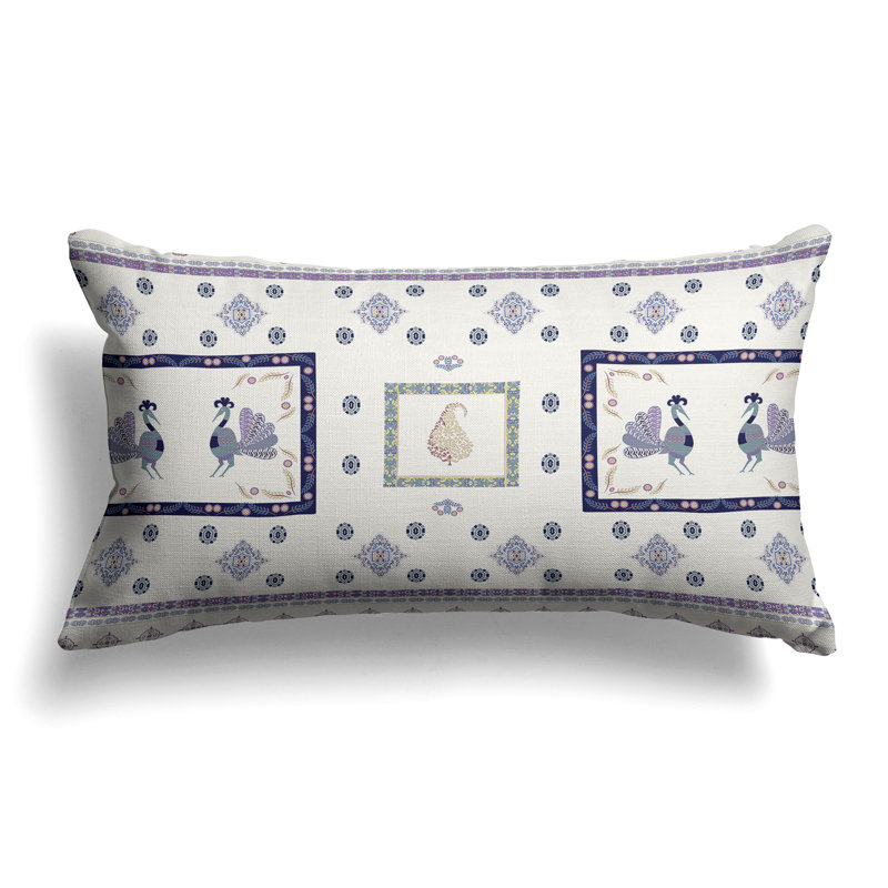 Wildflower Peacock  Rectangular Throw Pillow, White/Purple