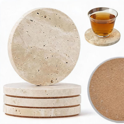 Absorbent Travertine Drink Drink Mats. Round Stone Cup Pads Set with Non-Slip Cork Base
