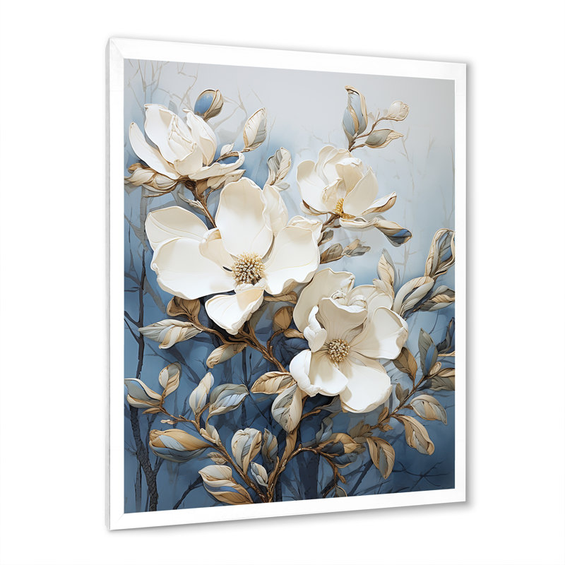 Art mural bleu et blanc peint Magnolias, Cadre simple blanc, H 44 po x l 34 po x P 1,5 po