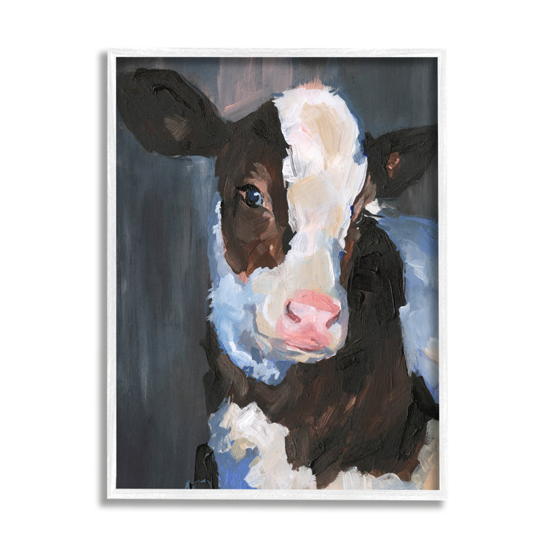 Smiley posant une vache dans une ferme de bovins, peinture d'animaux, H 24 po x l 30 po, Giclée encadrée blanc bord de mer