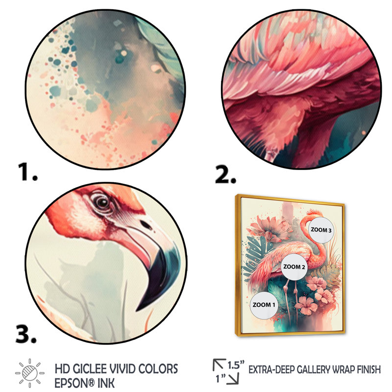 «Stunning Flamingo Floral II», impression sur toile, H 40 po x l 30 po x P 1,5 po, Cadre flottant doré