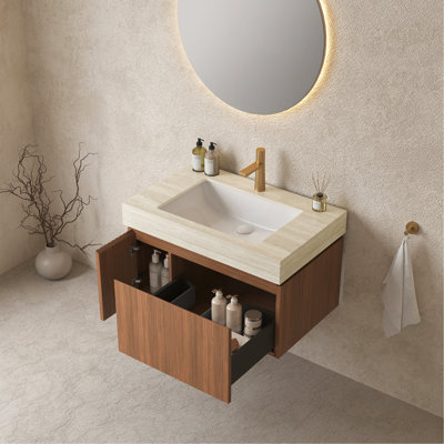 Meuble-lavabo de 30 po avec lavabo, armoire de rangement murale en contreplaqué avec tiroir et porte, comptoir en pierre frittée à motif de travertin avec vasque, pré-assemblé, couleur grain de bois de chêne brun