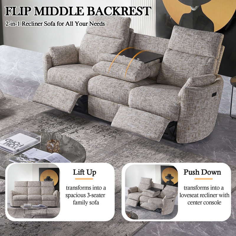 Callendale Power Reclining 3-Seater Sofa With Drop Down Table, Cup Holders, Dual USB & Type-C Ports, Off-White
