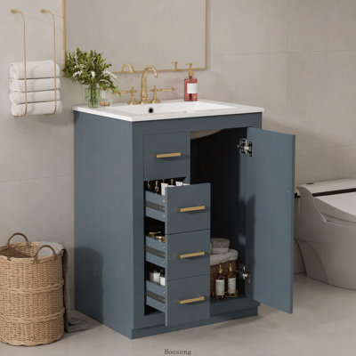 Meuble-lavabo 24 po avec lavabo en céramique intégré, 1 porte, 3 tiroirs, meuble-lavabo simple pour petite et moyenne salle de bain, bleu