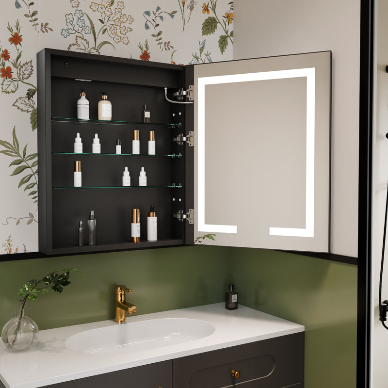 Livvia Recessed or Surface Mount Frameless LED Medicine Cabinet with Electrical Outlet and Anti-fog, 30" H x 24" W x 5.25" D
