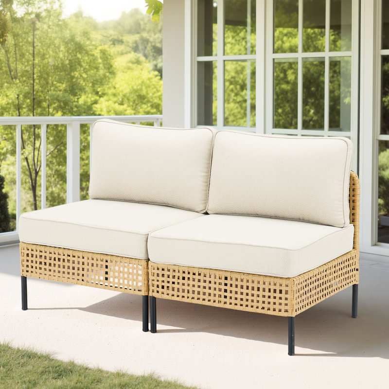Canapé d'angle de patio avec coussins beiges, résistant aux intempéries, housse amovible, douce et épaisse, design modulaire pour différentes configurations extérieures, design naturel et tissé à la main, personnalisable, tous usages, espaces à l'élégance rustique