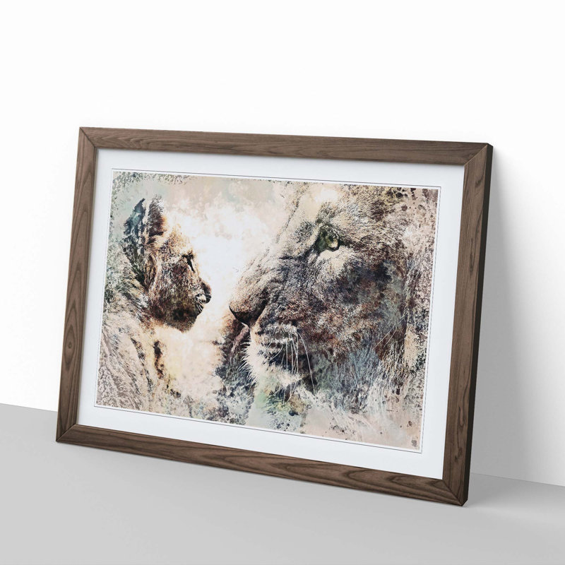 Lion Cub with Its Mother in Abstract - Picture Frame Painting Print, 36cm H x 48cm W x 2cm D, Walnut Framed