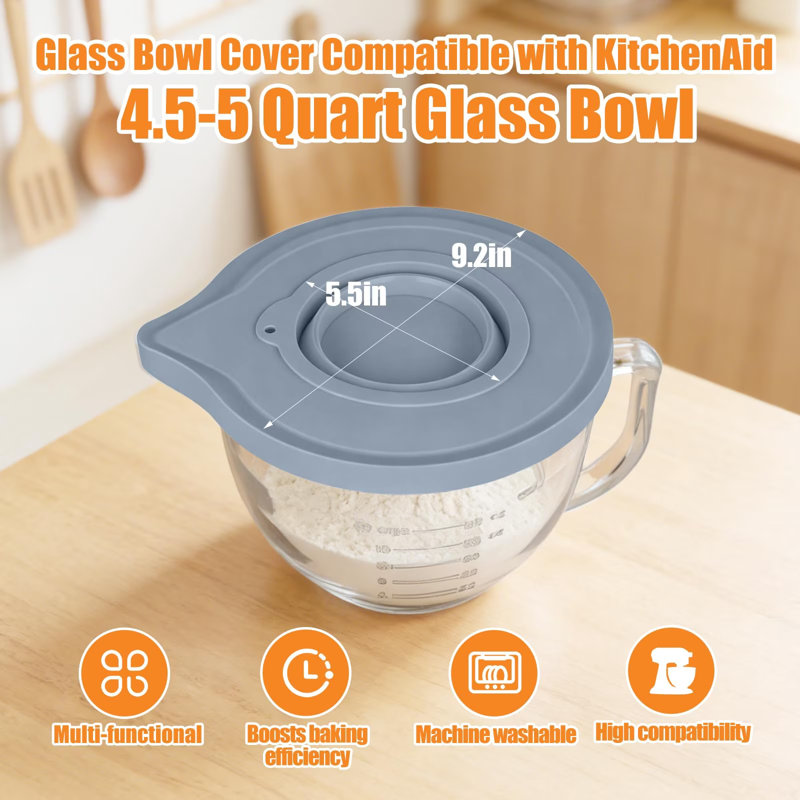 PQPO 5QT Glass Bowl Silicone Lid Compatible with KitchenAid Stand Mixer, Airtight Dough Rising Cover with Feed Port, Dust Resistant Mixer Bowl Cover