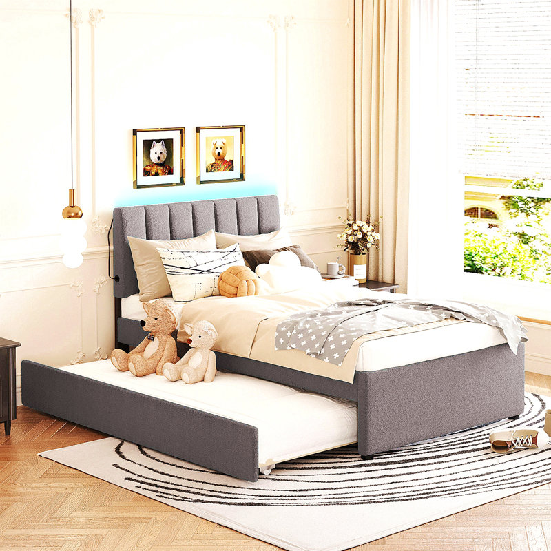 Lit plateforme tapissier simple avec lit gigogne Teddy