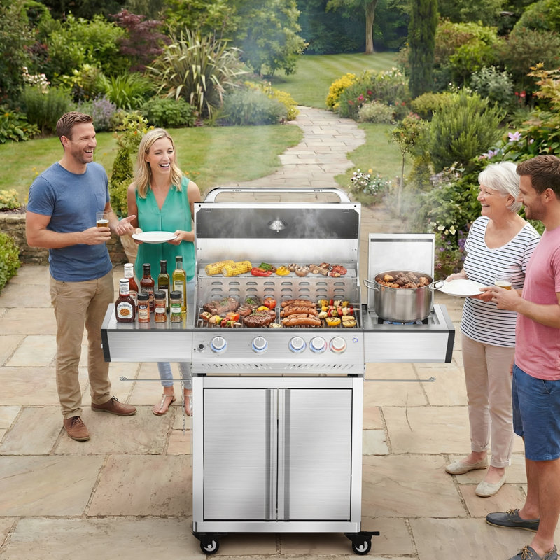 Barbecue au gaz en acier inoxydable à 4 brûleurs avec lumières, barbecue de 42 000 BTU, brûleur latéral, couvercle, panier de rangement, barbecue en fonte émaillée, plateau à huile coulissant, convient aux barbecues d'extérieur et de jardin