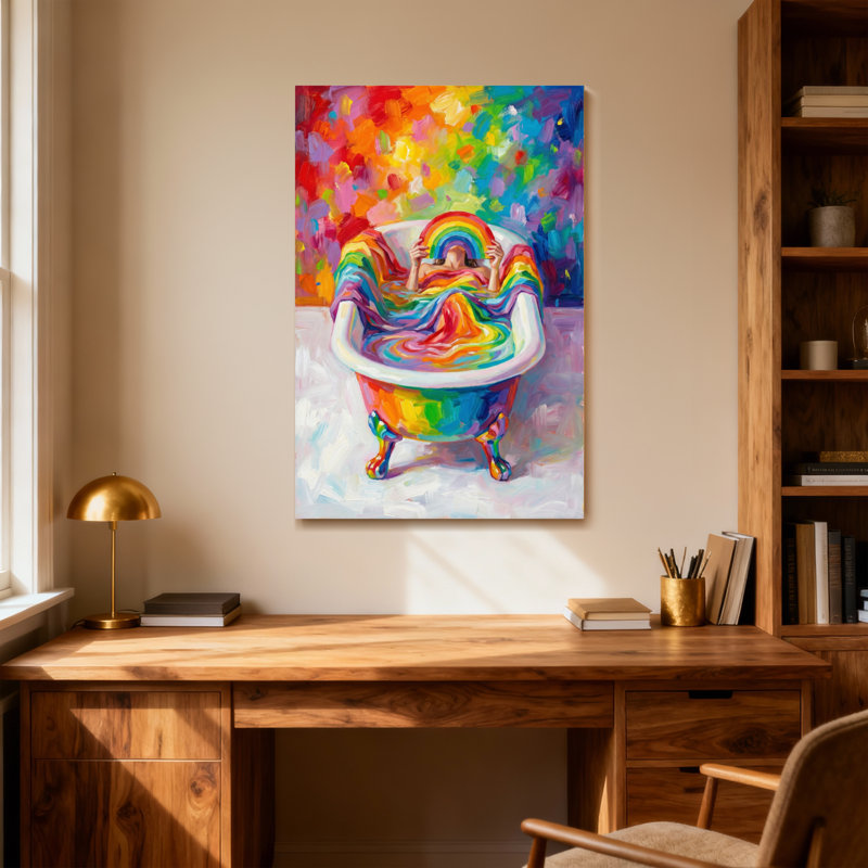 «Bath & Laundry Rainbow Bath», impression sur toile, couleurs vives, scène joyeuse