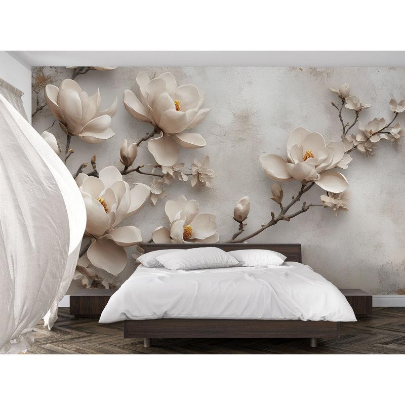 Effet papier peint botanique beige Magnolia - Art mural 3D effet botanique pour chambre à coucher ou salon, Premium Non-Woven