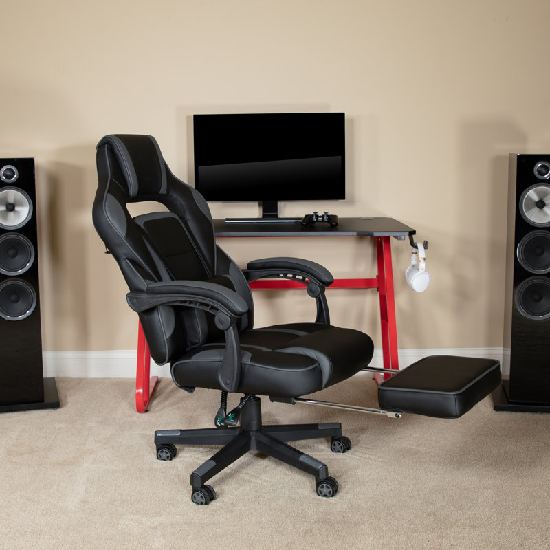 Massaging Adjustable Ergonomic Swivel Computer Gaming Chair with Fully Reclining Back and and Slide-Out Footrest, Grey/Black