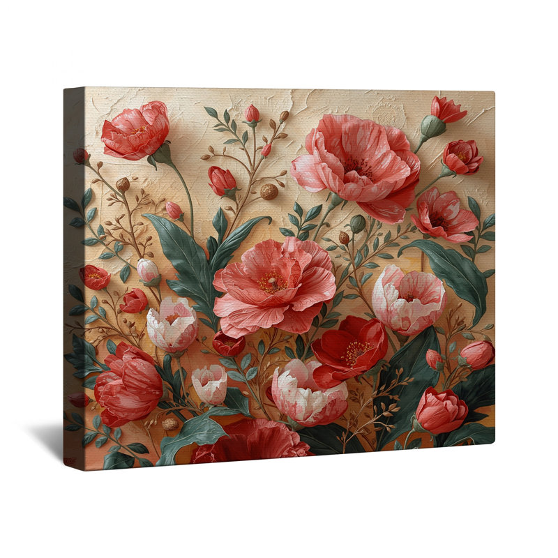 Toile tendue avec bouquet de pivoines rouges et roses, 16 x 16 pouces