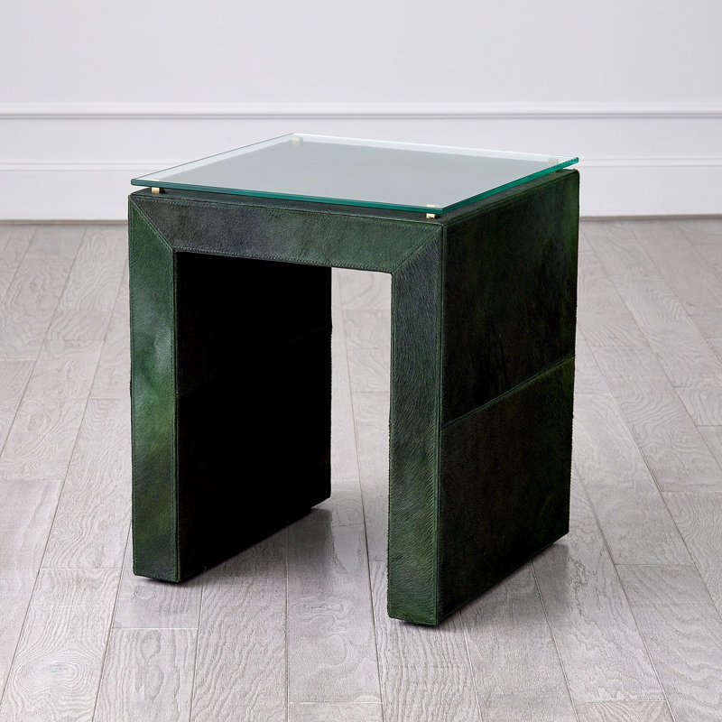 Green Hair-On-Hide Leather and Glass Square End Table