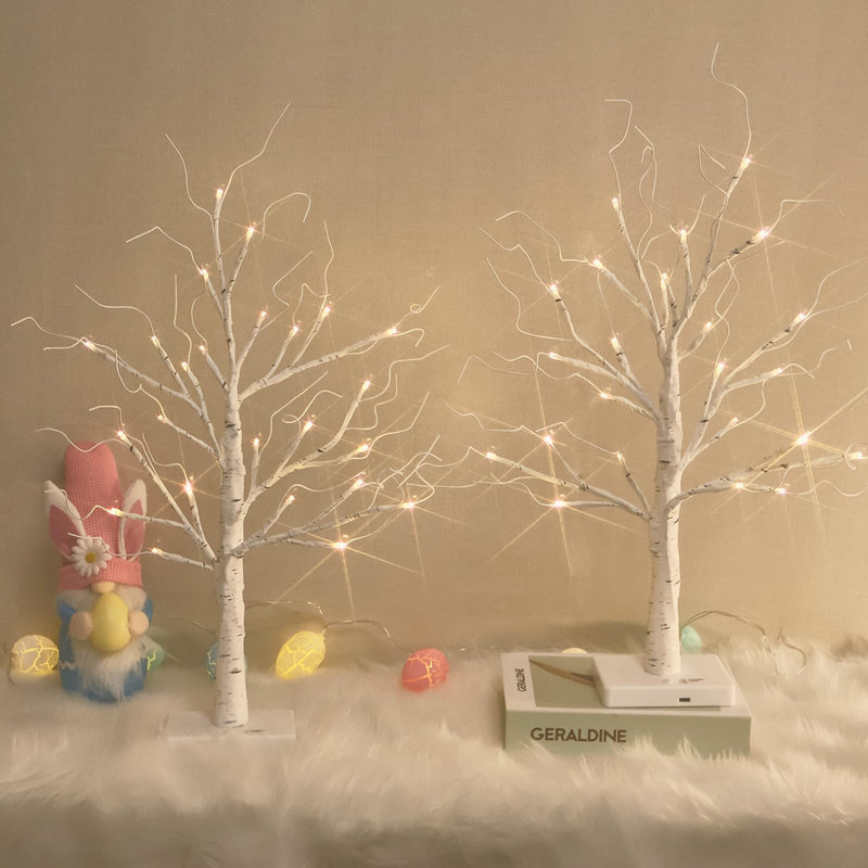 2-Pack White Birch Tree with LED Lights – 24 LED Warm White Easter Tabletop Tree