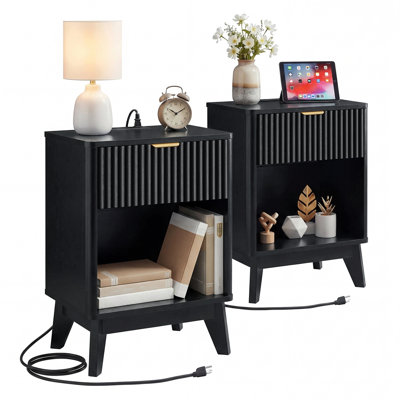 Ensemble de 2 tables de chevet noires avec station de charge, ensemble de tables de chevet en bois avec tiroir et tablette ouverte pour la chambre à coucher