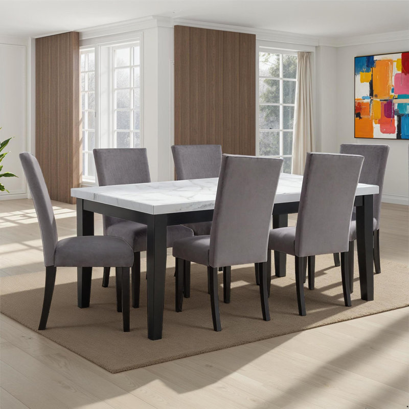 Sterling Marble Top Dining Table Set, 7 Pieces: Table, 6 Chairs