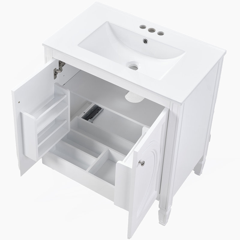 Meuble-lavabo blanc de 30 po sans assemblage requis avec lavabo en céramique, deux portes à fermeture en douceur et tablette réglable, style campagne moderne