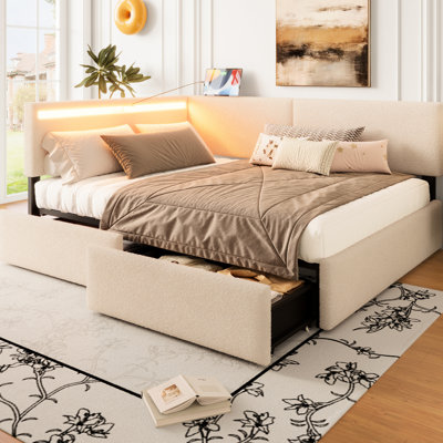 Structure de lit simple tapissier avec tête de lit, 2 tiroirs de rangement, DEL, charge, structure en bois massif, sans sommier, beige, sièges confortables, capitonnage d'inspiration Mid-Century, capacité de 1 200 lb