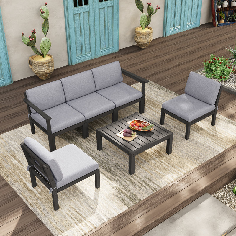 5 - Person Modular Patio Conversation Sets With Cushions, 6-Piece Outdoor All-Weather Waterproof HIPS Sofa Seating Group, Black