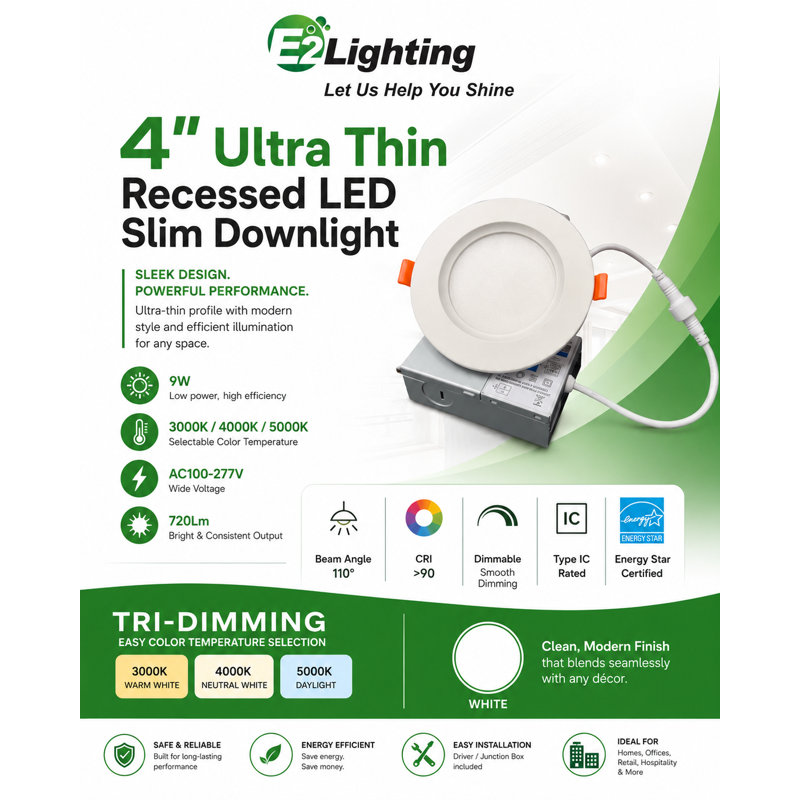 E2 LIGHTING Slim LED Downlight | 4" | 9W | Dimmable | 3CCT Tunable 3000K 4000K 5000K