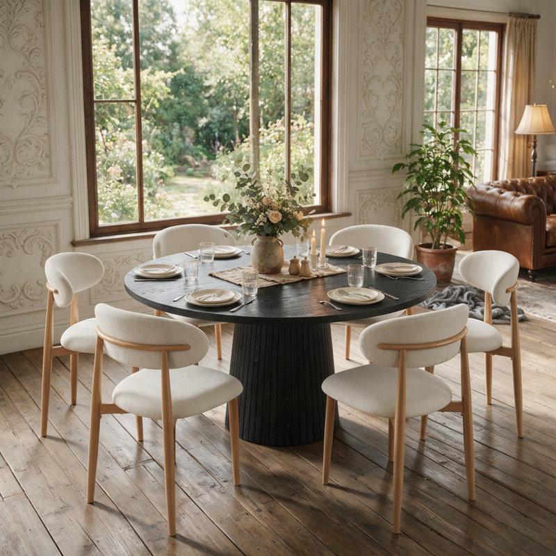 Ensemble de salle à manger moderne 7 pièces, table ronde de 119 cm avec pied central et 4 chaises rembourrées en tissu bouclé à dossier incurvé, pour cuisine ou salle à manger.