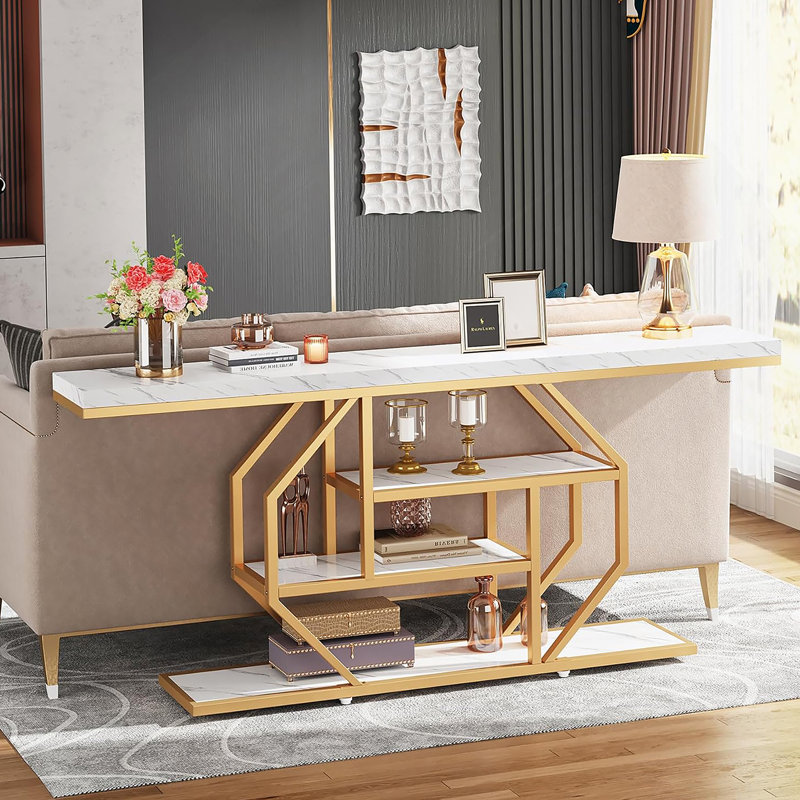 Console 70,9 pouces extra longue en faux marbre avec rangement à 4 niveaux, cadre doré moderne pour le salon et le couloir