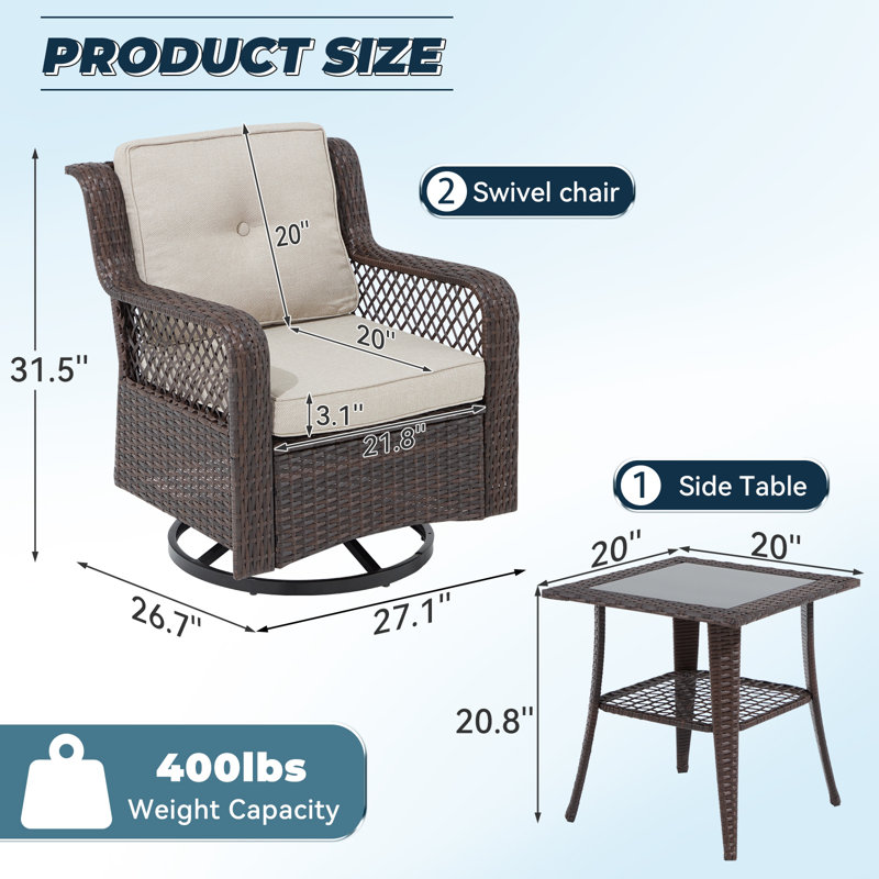 Wicker Rattan Swivel And Gliding Patio Wicker Chairs With Table (3Pcs), Brown, Beige