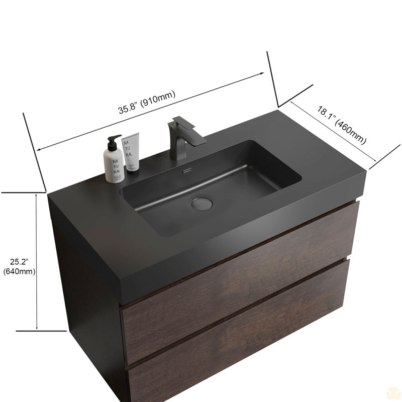 Bassin intégré intégré en quartz sans drain ni robinet, Noir mat, Brun, 36"