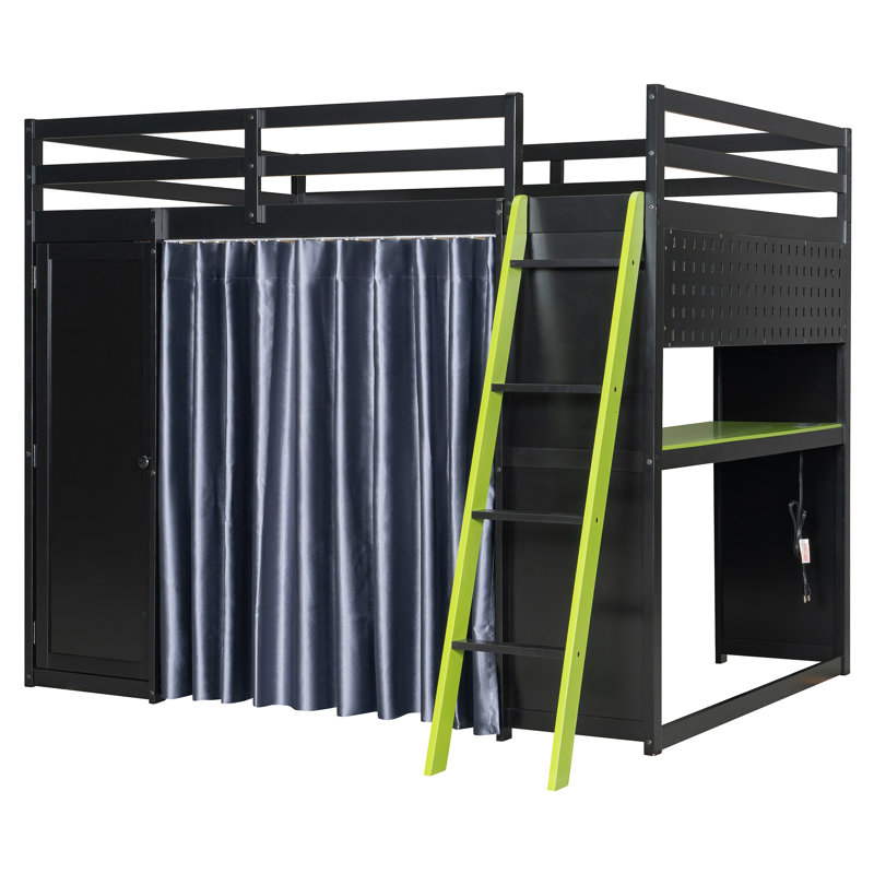 Modern Gaming Loft Bed With Desk, Lighted Pegboard, Storage Bookcase And Wardrobe, Green