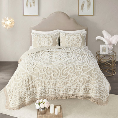 Couvre-lit en coton chenille à médaillon à franges taupe F / Q - 100% coton