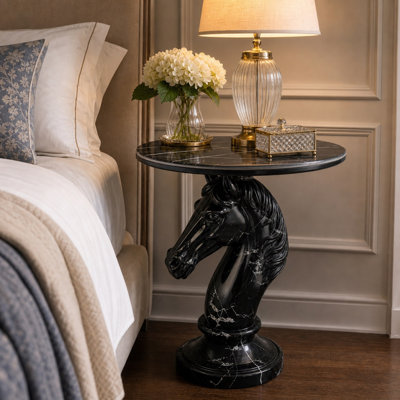 Table d'appoint à tête de cheval, table de bout unique avec plateau rond, table de chevet moderne en résine de 24 po de hauteur pour le salon, le vestibule et le décor de ferme - noir