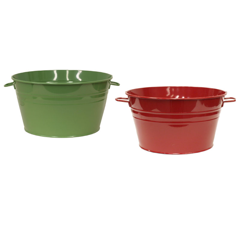 Rozario Metal Pot Planter, Sage/Red, 8" H x 19.5" W x 19.5" D