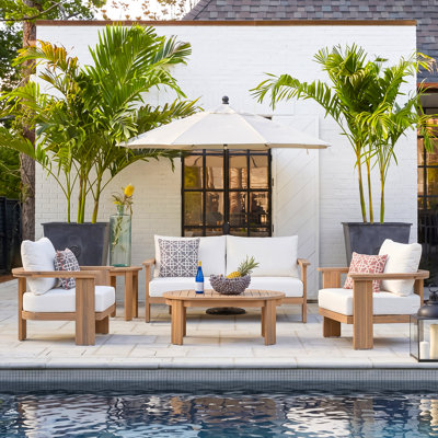 Burlow Mid-Century Modern Acacia Wood Outdoor Conversation Set With Water-Repellent Cushions