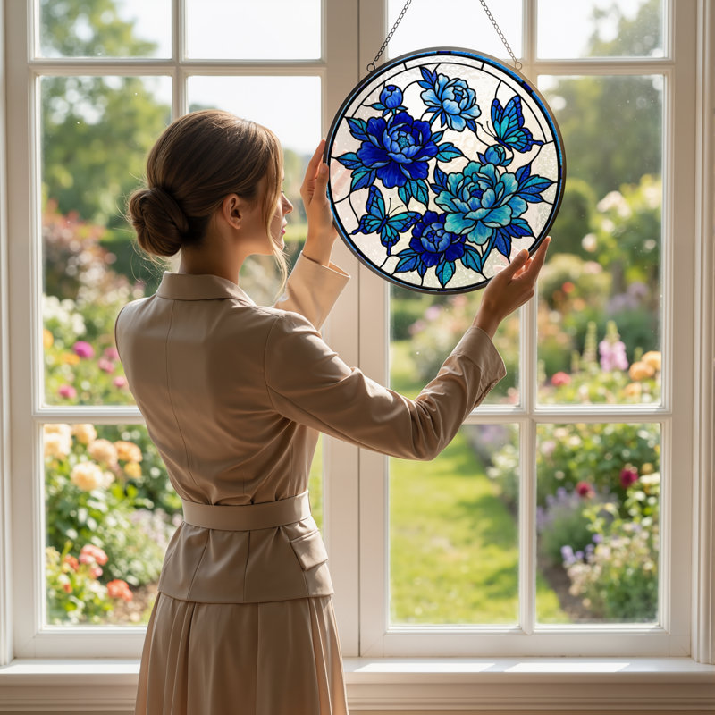 Vitrail à vitrail fleurs bleues 12 "H, 12" H x 12" W