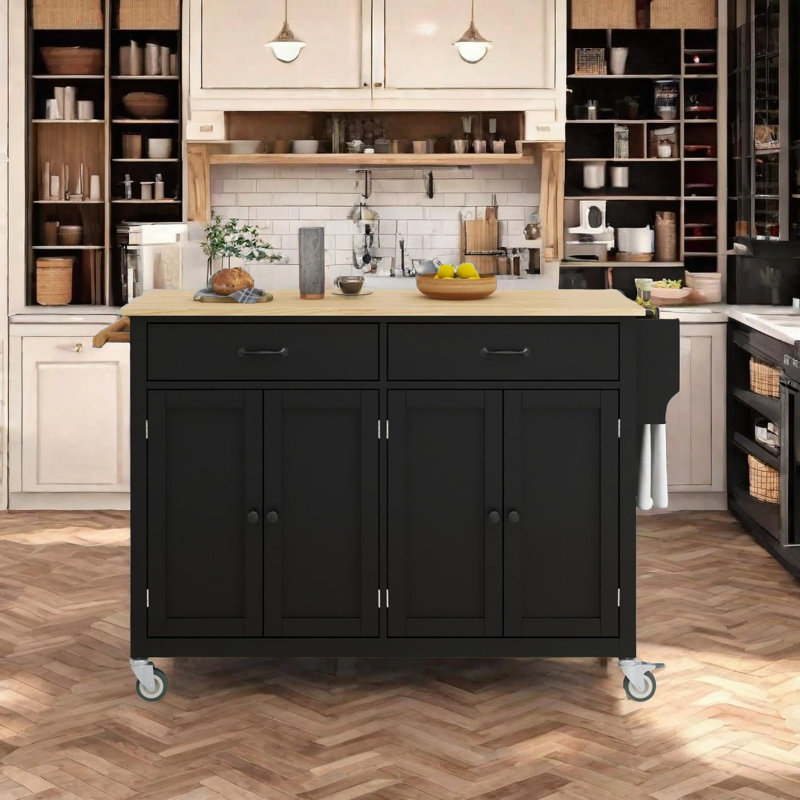 54.3 Inch Width Kitchen Island Cart with Cabinet and Drawers, 2 Locking Wheels, Adjustable Shelves, Green