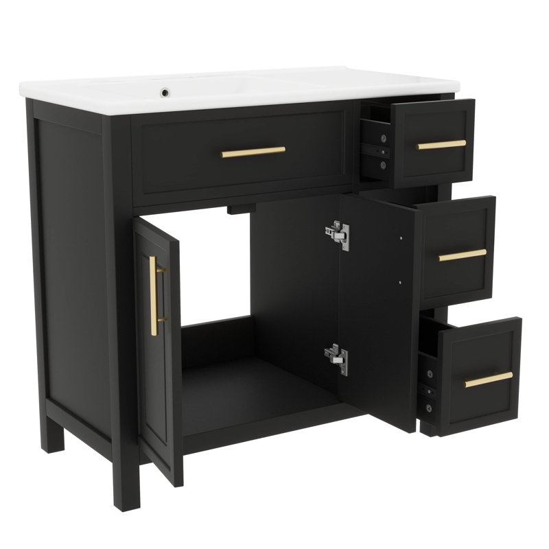 Meuble-lavabo de 36 po avec lavabo, meuble-lavabo moderne avec portes à fermeture douce et 3 tiroirs, meuble de rangement autoportant avec lavabo en céramique