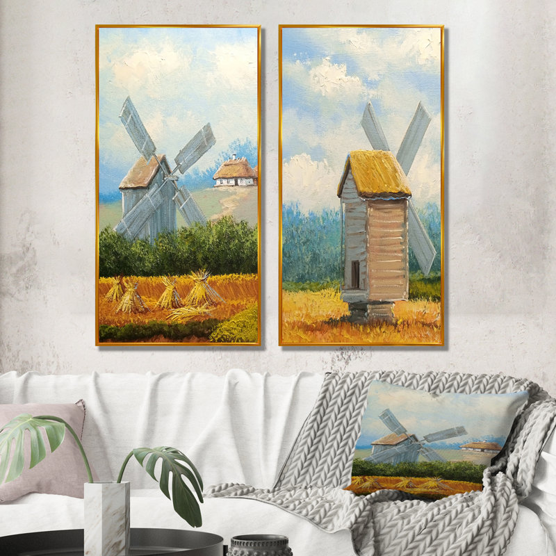 Paintings Landscape Old Village - Ensemble de 2 peintures sur toiles, H 40 po x l 40 po x P 1 po, Cadre flottant doré