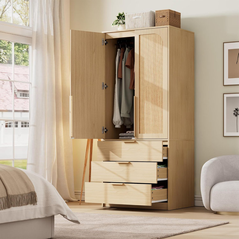 Armoire 70 po en bois, 2 portes, 3 tiroirs, tringle et tablette, garde-robe de chambre à coucher, Ivory