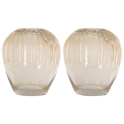 Set of 2, 7.9"W × 8.7"H Rounded Ribbed Amber Glass Accent Vase