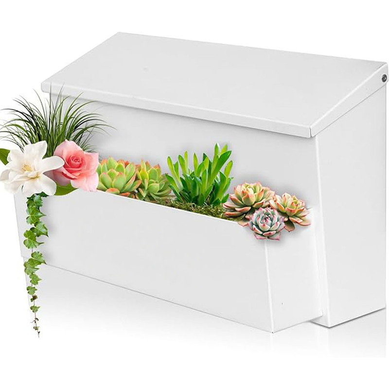 Wall Mount Mailbox for House, Outside, with 3 Sets of 0-9 Number Stickers & Flower Planter, Rust-Proof Metal Post Drop Box, White